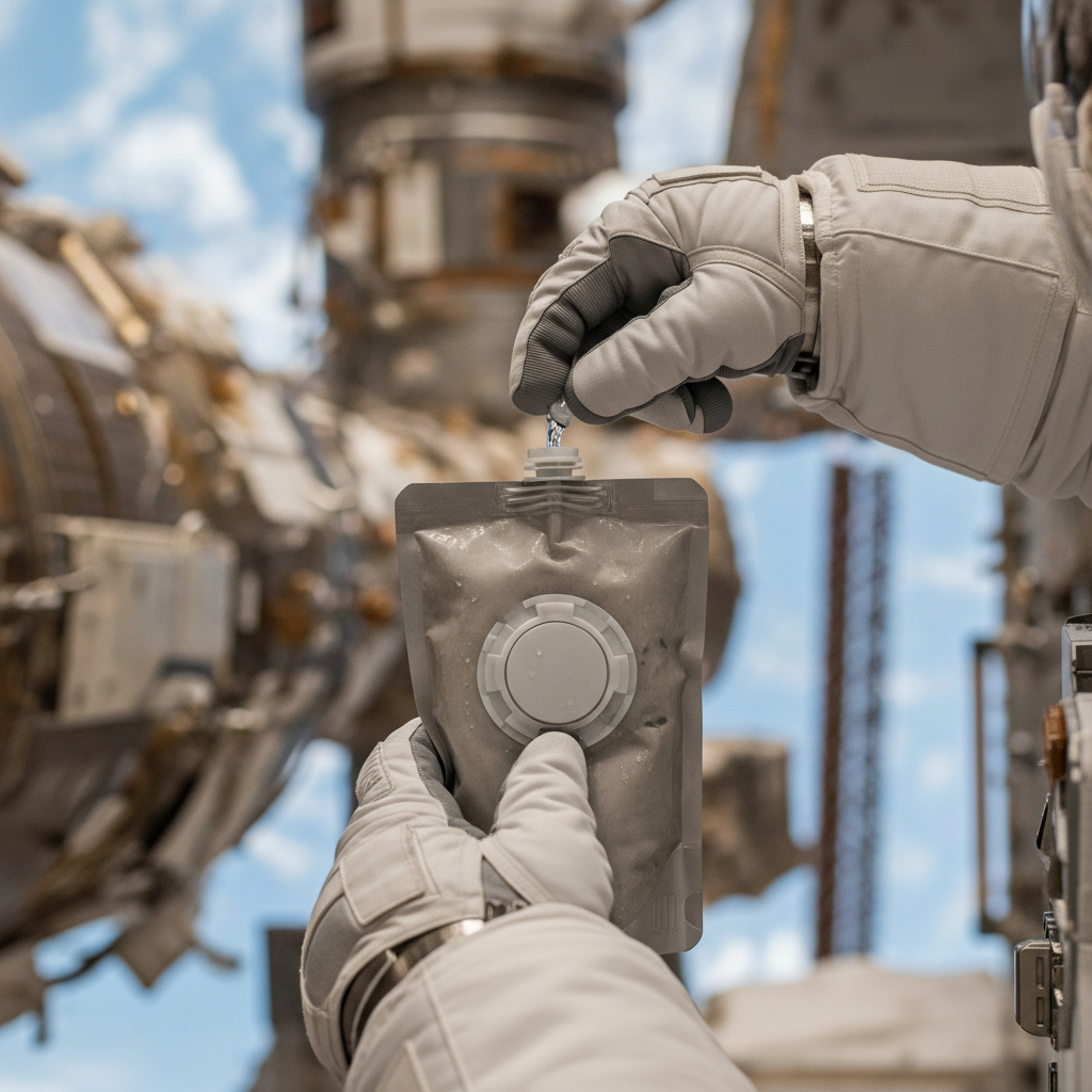 Uzay Görevinde Astronotun Beslenme Süreci uzay görevleri için gıda hazırlama sürecinde astronotun yemeğini tüketime hazır hale getirmesi.