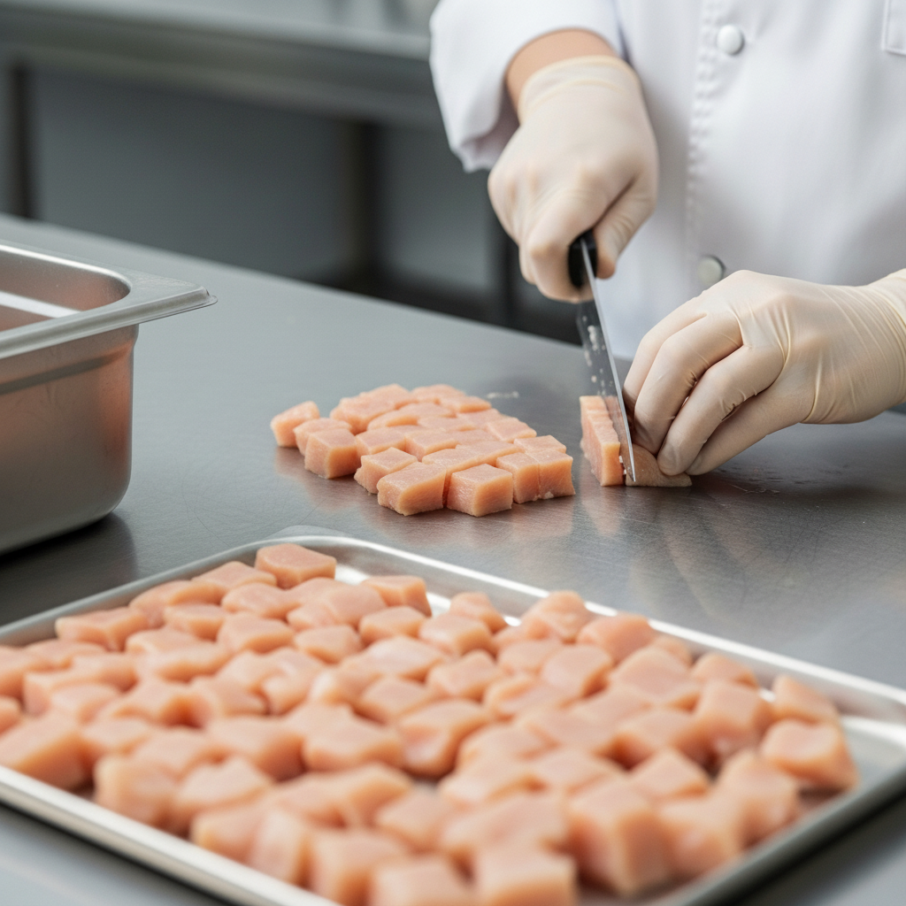 Liyofilizasyon için Tavuk Eti Hazırlama Süreci Liyofilizatör ile et ve tavuk ürünleri saklama sürecinde ürünlerin eşit parçalara ayrılarak hazırlanması nihai kaliteyi doğrudan etkiler