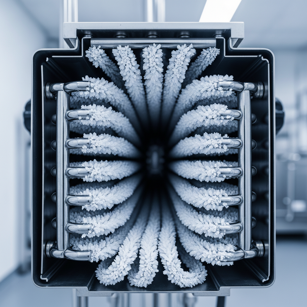 Liyofilizatör kondenser ünitesi, su buharını soğuk serpantinler üzerinde buza dönüştürerek sistemden etkili şekilde uzaklaştırır