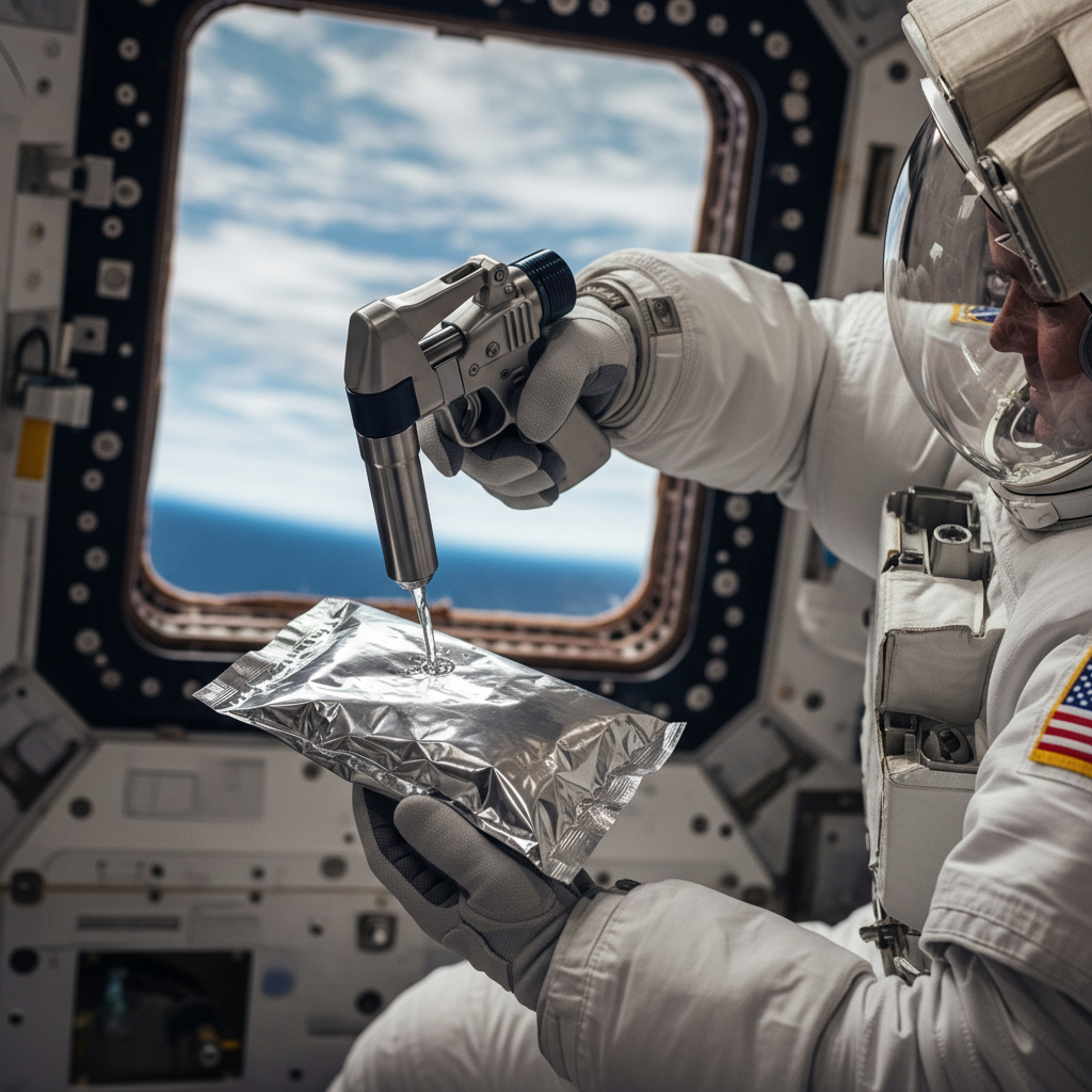 Uzayda Astronotun Liyofilize Öğün Hazırlığı uzay görevleri için gıda hazırlama sürecinde astronotlar, liyofilize yiyecekleri su ekleyerek tüketime hazır hale getirir