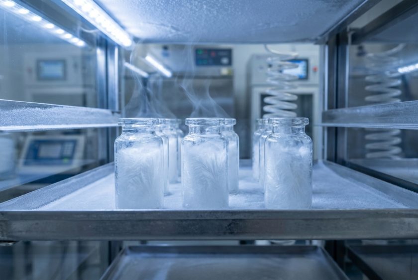 Yüksek teknolojili bir liyofilizatör cihazının içindeki paslanmaz çelik rafta dizilmiş cam şişeler. Şişelerin içindeki donmuş beyaz maddeden, süblimasyon sürecini simgeleyen buhar yükseliyor. Arka plan bulanık bir laboratuvar ortamı.