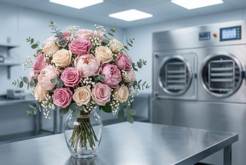 Liyofilizasyon yöntemiyle mükemmel bir şekilde korunmuş, renkleri canlı ve şekli bozulmamış bir gelin buketi. Arka planda, odak dışında, modern ve teknolojik bir liyofilizatör cihazı görülüyor.