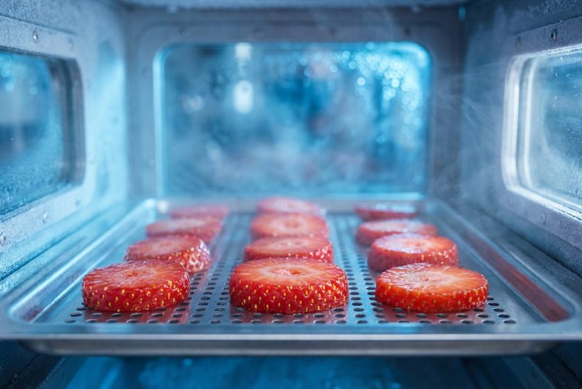 Modern bir liyofilizatör cihazının metal tepsisine dizilmiş, dondurarak kurutma işlemine hazır, taze ve parlak kırmızı çilek dilimlerinin yakın plan fotoğrafı.