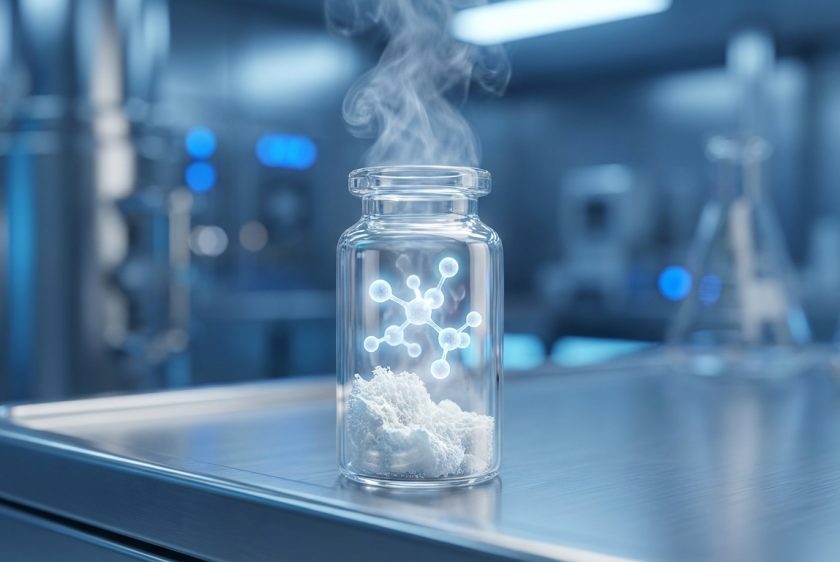 Modern bir laboratuvar ortamında, cam bir kap içinde liyofilize edilmiş beyaz, gözenekli bir toz. Tozun üzerinde, korunmuş aktif bileşeni simgeleyen soyut ve parlak bir moleküler yapı havada asılı duruyor. Arka plan bulanık ve soğuk mavi tonlarda aydınlatılmış.