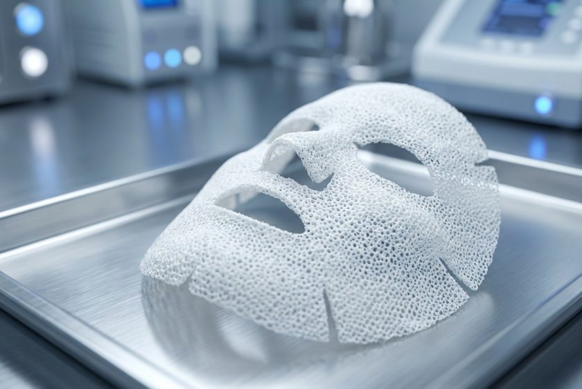 Steril bir laboratuvar ortamında, metal bir tepsi üzerinde duran, dondurularak kurutulmuş, katı ve beyaz renkli bir yüz maskesinin yakın çekim fotoğrafı.