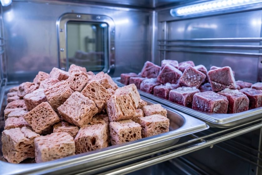 Modern bir liyofilizatör makinesinin içinde, paslanmaz çelik tepsiler üzerinde duran dondurularak kurutulmuş ve taze dondurulmuş et küpleri. Arka plan teknolojik ve temiz bir görünüme sahip.