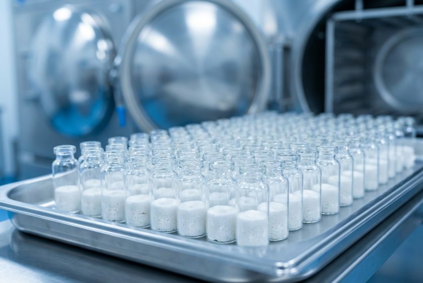 Modern bir biyoteknoloji tesisinde, paslanmaz çelik bir tepsi üzerinde sıralanmış, liyofilize edilmiş beyaz toz içeren cam flakonların yakın çekim fotoğrafı. Arka planda liyofilizatör gibi yüksek teknolojili laboratuvar ekipmanları bulanık olarak görülmektedir.