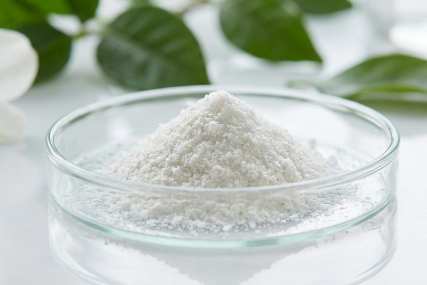 Doğal yeşil yaprakların yanında, modern bir cam petri kabında duran saf beyaz, liyofilize kozmetik tozu yığınının yakın çekim fotoğrafı.