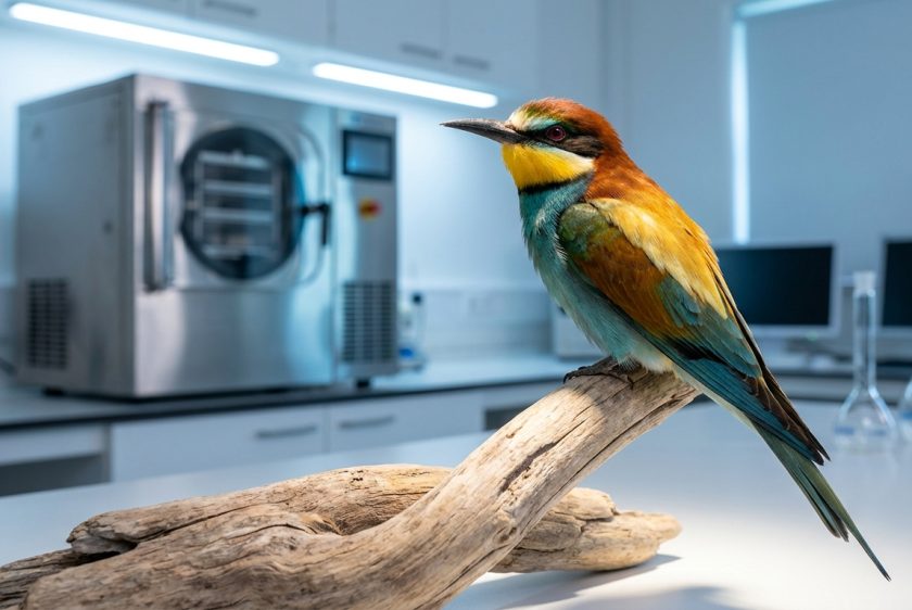 Modern bir laboratuvar ortamında, liyofilizasyon tekniğiyle mükemmel şekilde korunmuş, canlı ve parlak renklere sahip bir arıkuşu. Kuşun arkasında, odak dışında, paslanmaz çelik bir bilimsel makine (liyofilizatör) belli belirsiz görünüyor.