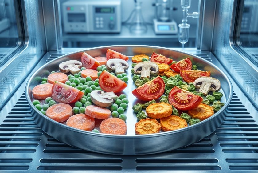Bir liyofilizatör tepsisinde, bir yanda taze ve donmuş sebzeler, diğer yanda ise aynı sebzelerin kurutulmuş ve hafif hallerinin bulunduğu yüksek çözünürlüklü bir fotoğraf.