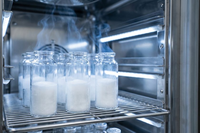 Modern bir liyofilizatör cihazının paslanmaz çelik haznesinin içinde, donmuş beyaz bir madde içeren cam şişelerin yakın çekim görüntüsü. Dondurarak kurutma (liyofilizasyon) sürecini temsil eden süblimasyon buharı görülmektedir.