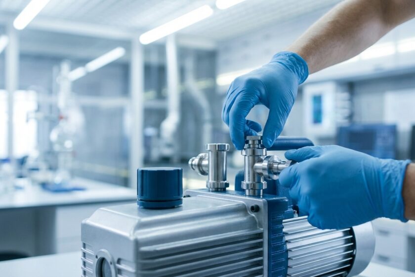 Modern ve aydınlık bir laboratuvar ortamında, ikinci el bir liyofilizatör cihazını dikkatle inceleyen bir teknisyenin yakın plan fotoğrafı. Odak, makinenin teknik bir parçasındadır.