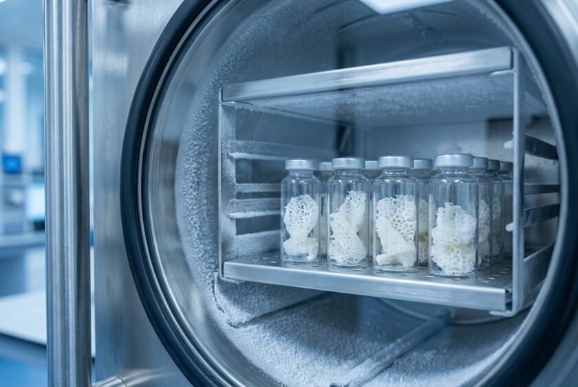 Modern bir liyofilizatör makinesinin içinde, raflara dizilmiş, beyaz ve gözenekli liyofilize ürün içeren cam flakonların yakın çekim görüntüsü. Soğuk ve teknolojik bir laboratuvar ortamı.