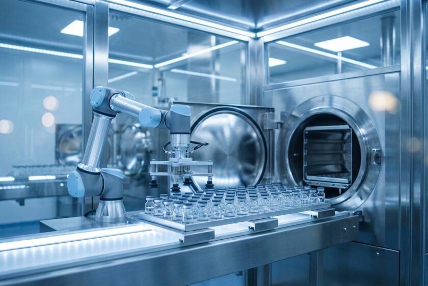 Yüksek teknolojili, steril bir ilaç üretim tesisinde, robotik bir kolun cam flakonları bir dolum hattından büyük bir paslanmaz çelik liyofilizatör makinesine dikkatlice aktardığını gösteren fotogerçekçi bir görüntü.