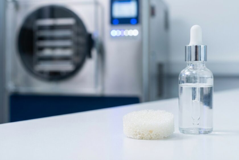 Modern bir laboratuvar ortamında, liyofilize edilmiş (dondurularak kurutulmuş) beyaz bir kozmetik serum diski ve yanında cam bir damlalık. Arka planda bulanık bir liyofilizatör makinesi görülüyor.