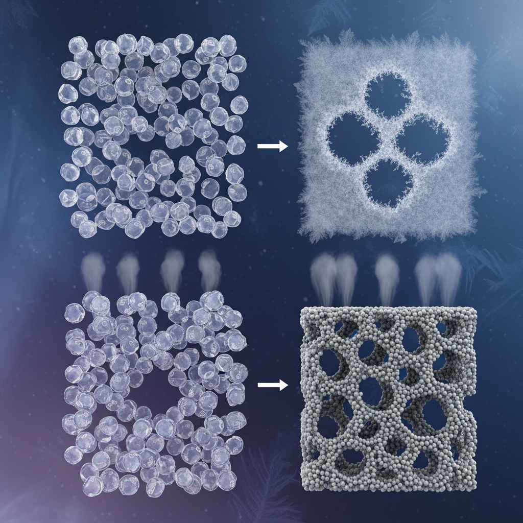 Liyofilizasyon ile nano yapı koruma nanoteknolojik malzeme sentezi, liyofilizasyon sürecinin aşamalarını göstererek hassas yapıları nasıl koruduğunu anlatıyor.