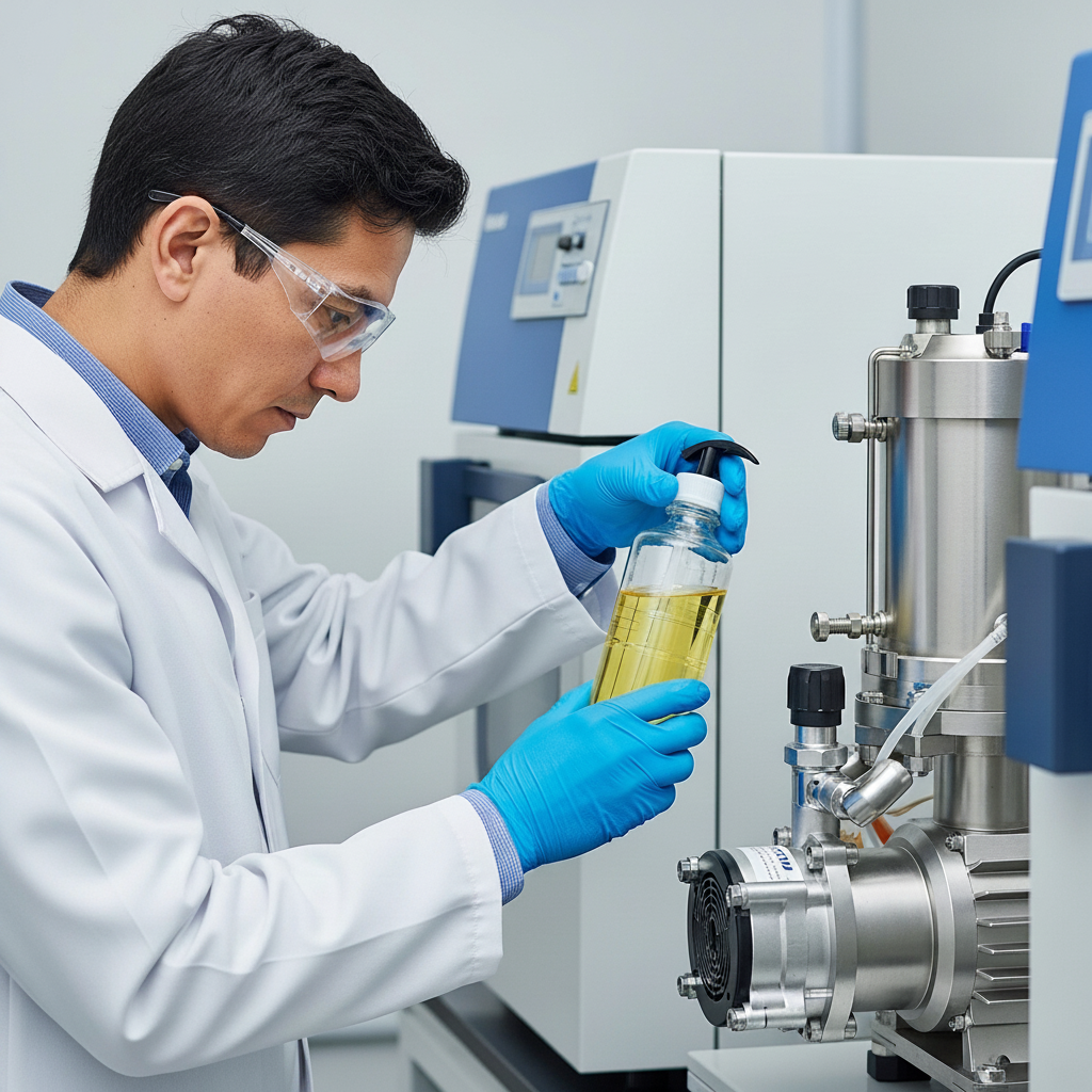 Liyofilizatör vakum pompası yağ değişimi ve kontrolü Liyofilizatör bakım rehberi, modern bir liyofilizatörün vakum pompası yağ seviyesini düzenli olarak kontrol eden bir teknisyen.