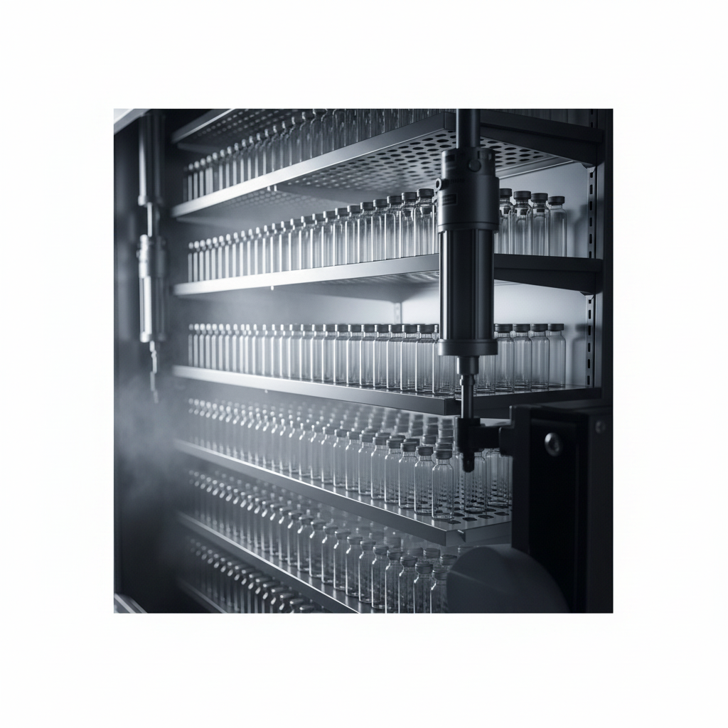 Liyofilizatör içindeki raf sistemi, hassas sıcaklık kontrolü ile ürünlerin kalitesini güvence altına alır