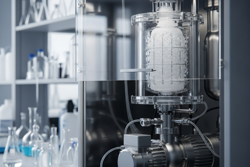 Modern bir bilim laboratuvarında bulunan, iyi bakımlı, son teknoloji bir liyofilizatörün yakından görüntüsü. Odak noktası cihazın hassas parçaları olup, temiz ve steril bir ortamı yansıtır.