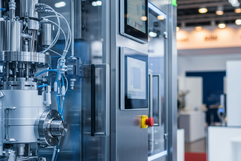 Modern, paslanmaz çelikten yapılmış, şık bir liyofilizatör makinesi, profesyonel bir fuar standında sergileniyor. Arka planda, fuar kalabalığını ve diğer stantları çağrıştıran bulanık bir görüntü var. Görselde metin bulunmuyor.