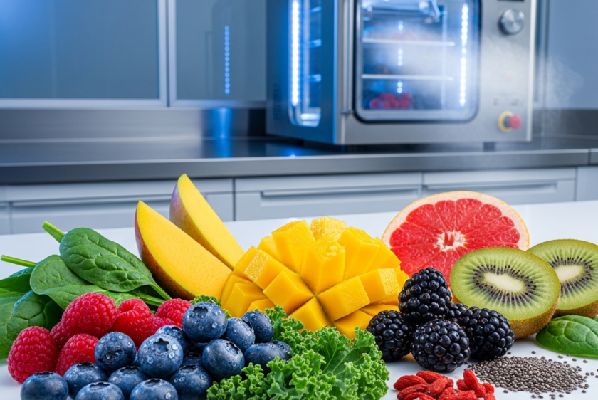 Ön planda taze, canlı renklerde ahududu, yaban mersini ve yeşil yapraklı sebzeler gibi süperbesinler özenle düzenlenmiş. Arka planda ise hafifçe bulanıklaşmış, modern ve fütüristik görünümlü bir dondurarak kurutma (liyofilizasyon) makinesi soğuk buhar veya ışık efektiyle duruyor. Temiz ve teknolojik bir laboratuvar ortamı yansıtılıyor.