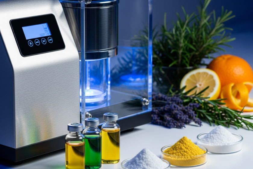 Modern bir laboratuvar ortamında çalışan liyofilizatör (dondurarak kurutucu), yanında cam şişelerde sıvı esansiyel yağlar ve küçük kaplarda ince, beyaz esansiyel yağ tozları bulunuyor. Arka planda bulanık aromatik bitki dalları görülüyor.