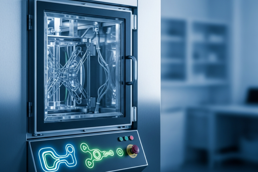 Modern, yüksek teknolojili bir liyofilizatör cihazının ayrıntılı, fotogerçekçi görüntüsü. Paslanmaz çelik yüzeyler ve soyut ışıklı kontrol paneli ile temiz bir laboratuvar ortamında duruyor.