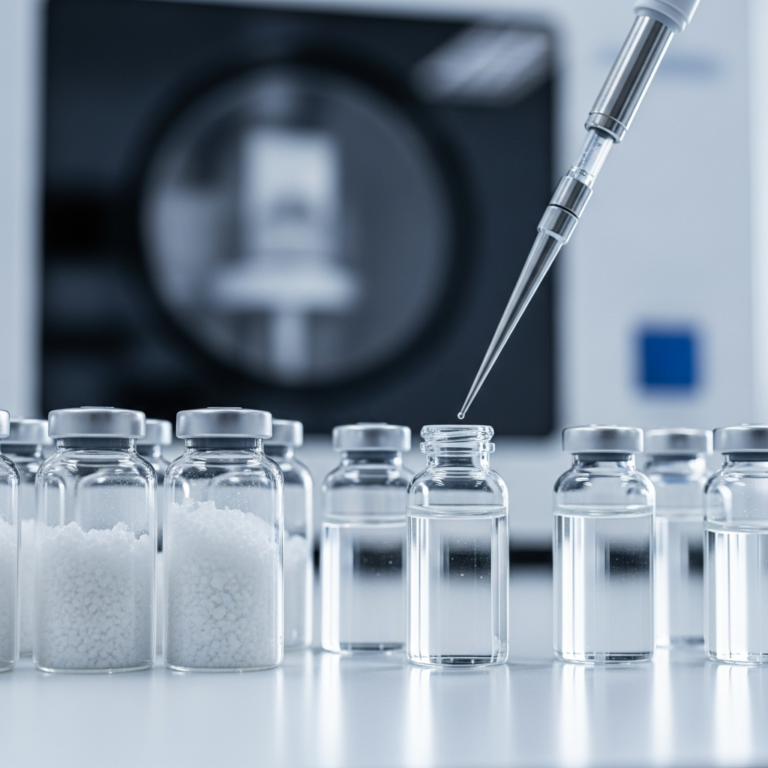 Modern bir farmasötik laboratuvar ortamında, ilaç çözünürlüğünü artırma tekniklerini ve liyofilizasyonu temsil eden, parlak ışıklandırılmış cam flakonlar, içinde beyaz toz veya çözelti bulunan ve arka planda bulanık laboratuvar ekipmanları.