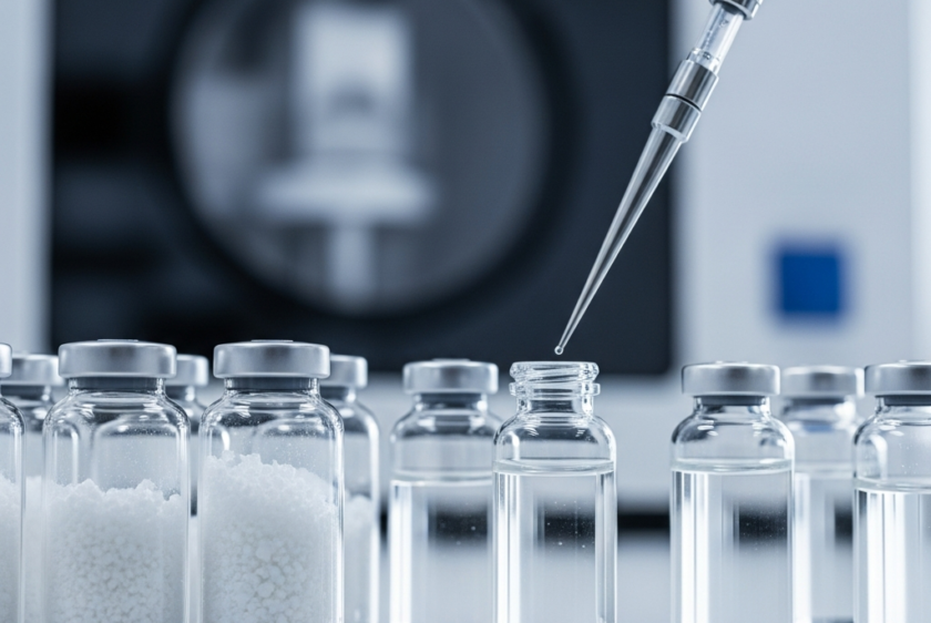 Modern bir farmasötik laboratuvar ortamında, ilaç çözünürlüğünü artırma tekniklerini ve liyofilizasyonu temsil eden, parlak ışıklandırılmış cam flakonlar, içinde beyaz toz veya çözelti bulunan ve arka planda bulanık laboratuvar ekipmanları.