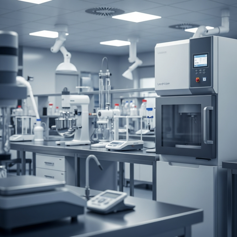 Modern bir kozmetik Ar-Ge laboratuvarının genel görünümü. Odak noktasında şık tasarımlı, son teknoloji bir liyofilizatör (dondurarak kurutucu) makinesi bulunmaktadır. Arka planda paslanmaz çelik tezgahlar üzerinde bulanık bir şekilde karıştırıcılar, hassas teraziler ve pH metreler gibi diğer laboratuvar ekipmanları görülmektedir. Ortam steril, iyi aydınlatılmış ve teknolojik olarak gelişmiş bir kozmetik üretim veya araştırma tesisini yansıtmaktadır. Görselde metin veya yazı bulunmamaktadır.