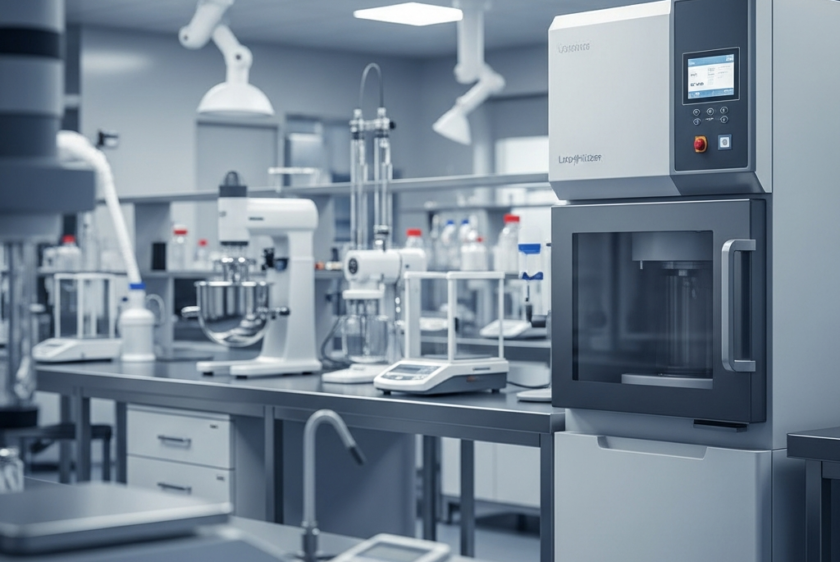 Modern bir kozmetik Ar-Ge laboratuvarının genel görünümü. Odak noktasında şık tasarımlı, son teknoloji bir liyofilizatör (dondurarak kurutucu) makinesi bulunmaktadır. Arka planda paslanmaz çelik tezgahlar üzerinde bulanık bir şekilde karıştırıcılar, hassas teraziler ve pH metreler gibi diğer laboratuvar ekipmanları görülmektedir. Ortam steril, iyi aydınlatılmış ve teknolojik olarak gelişmiş bir kozmetik üretim veya araştırma tesisini yansıtmaktadır. Görselde metin veya yazı bulunmamaktadır.