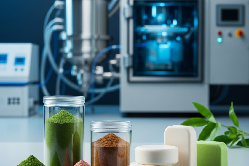 Gelişmiş bir liyofilizatör makinesinin bulunduğu modern bir laboratuvar ortamının ön planında, konsantre bitkisel tozlar ve katı kozmetik ürünler görülüyor. Görsel, sürdürülebilir ve su içermeyen kozmetik üretimi için teknolojik yeniliği vurguluyor.