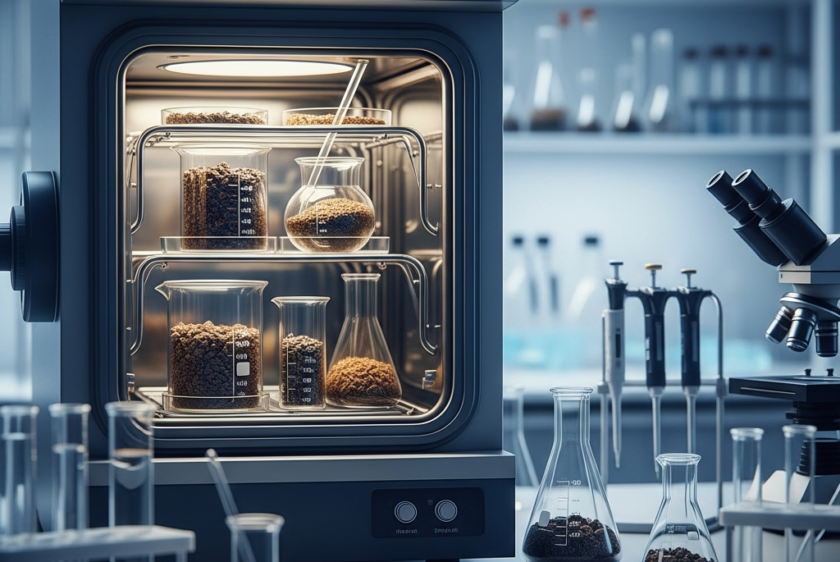 Modern bir laboratuvar ortamında, içinde toprak numuneleri bulunan cam kaplar ile donatılmış, yüksek teknolojili bir liyofilizatör (dondurarak kurutma cihazı) makinesi. Arka planda hafifçe bulanık diğer laboratuvar ekipmanları görülüyor. Görselde hiçbir yazı veya logo bulunmamaktadır.