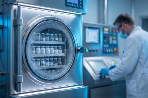 Modern bir laboratuvarda bulunan, paslanmaz çelik endüstriyel liyofilizatör cihazı ve arka planda bulanık bir şekilde bakım yapan bir teknisyen.