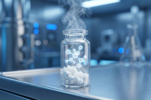 Modern bir laboratuvar ortamında, cam bir kap içinde liyofilize edilmiş beyaz, gözenekli bir toz. Tozun üzerinde, korunmuş aktif bileşeni simgeleyen soyut ve parlak bir moleküler yapı havada asılı duruyor. Arka plan bulanık ve soğuk mavi tonlarda aydınlatılmış.