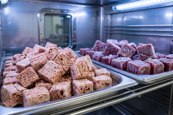 Modern bir liyofilizatör makinesinin içinde, paslanmaz çelik tepsiler üzerinde duran dondurularak kurutulmuş ve taze dondurulmuş et küpleri. Arka plan teknolojik ve temiz bir görünüme sahip.