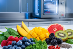 Ön planda taze, canlı renklerde ahududu, yaban mersini ve yeşil yapraklı sebzeler gibi süperbesinler özenle düzenlenmiş. Arka planda ise hafifçe bulanıklaşmış, modern ve fütüristik görünümlü bir dondurarak kurutma (liyofilizasyon) makinesi soğuk buhar veya ışık efektiyle duruyor. Temiz ve teknolojik bir laboratuvar ortamı yansıtılıyor.