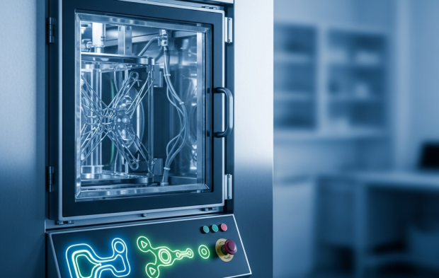 Modern, yüksek teknolojili bir liyofilizatör cihazının ayrıntılı, fotogerçekçi görüntüsü. Paslanmaz çelik yüzeyler ve soyut ışıklı kontrol paneli ile temiz bir laboratuvar ortamında duruyor.