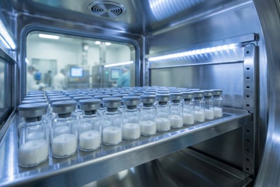 Steril bir ilaç üretim tesisinde, endüstriyel bir liyofilizatörün cam kapağının arkasında sıralanmış, içinde beyaz toz antibiyotik bulunan cam flakonların yakından görünümü.