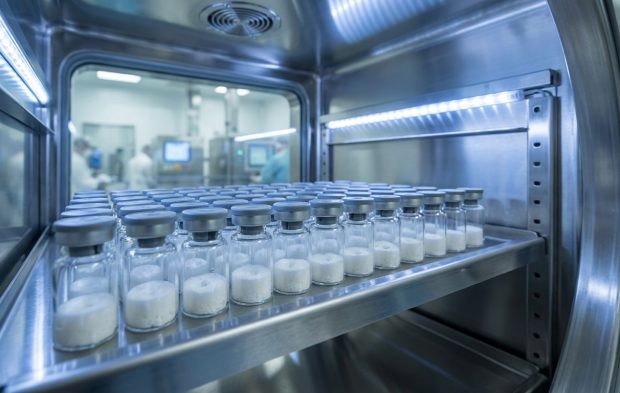 Steril bir ilaç üretim tesisinde, endüstriyel bir liyofilizatörün cam kapağının arkasında sıralanmış, içinde beyaz toz antibiyotik bulunan cam flakonların yakından görünümü.