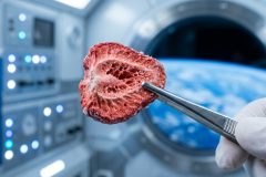 Yüksek teknolojiye sahip bir uzay laboratuvarında, eldivenli bir elin steril bir maşa ile liyofilize (dondurularak kurutulmuş) bir yiyeceği tuttuğu yakın çekim fotoğraf. Arka planda bulanık bir şekilde uzaydan Dünya görünüyor.